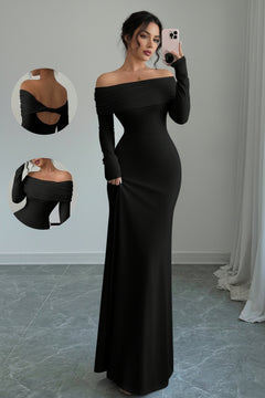 Black off-shoulder long sleeve maxi dress with fitted bodice and off-shoulder neckline.