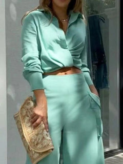 Long sleeve shirt and wide leg pants set in mint green, button-front shirt with high-rise pants