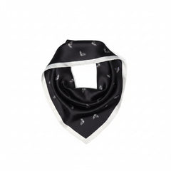 Lightweight silk scarf, black with off-white border stripe and small printed motifs