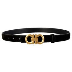 Black leather-look belt with gold-tone oval buckle and center bar