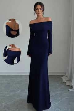 Navy off-shoulder long sleeve maxi dress with fitted silhouette
