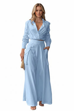 Light blue long-sleeve shirt and wide-leg pants set with wrap-style button front