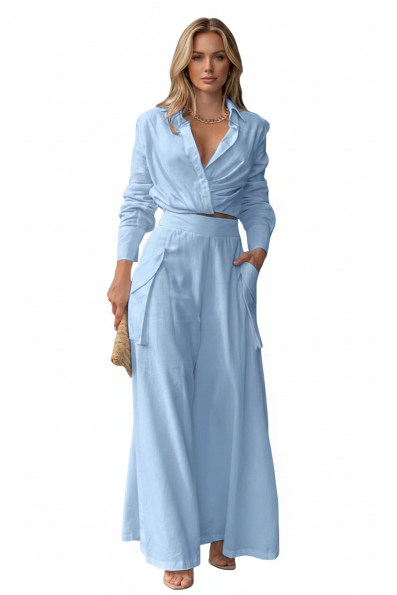 Light blue long-sleeve shirt and wide-leg pants set with wrap-style button front