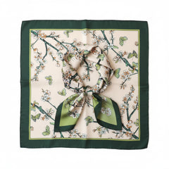 Silk scarf in dark green with floral branch print and green border
