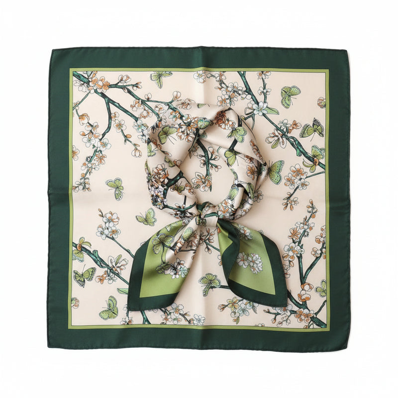 Silk scarf in dark green with floral branch print and green border