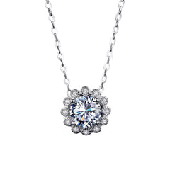 925 sterling silver moissanite flower necklace, large round center with halo petals