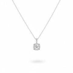 Sterling silver moissanite halo pendant necklace with square center stone and pavé border