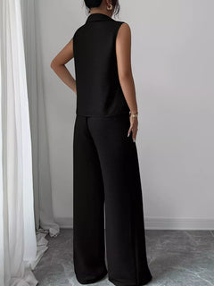 Black sleeveless top and wide-leg pants set, back view of top and trousers