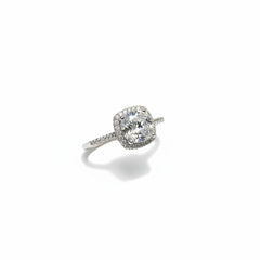 Silver 925 sterling ring with round solitaire stone and halo, side view