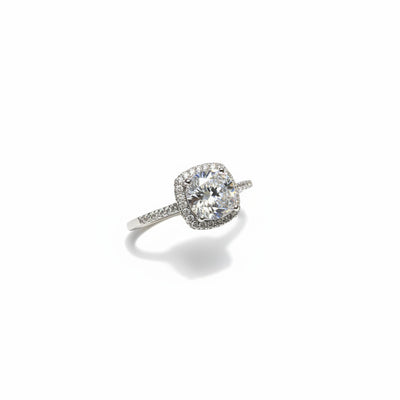 Silver 925 sterling ring with round solitaire stone and halo, side view