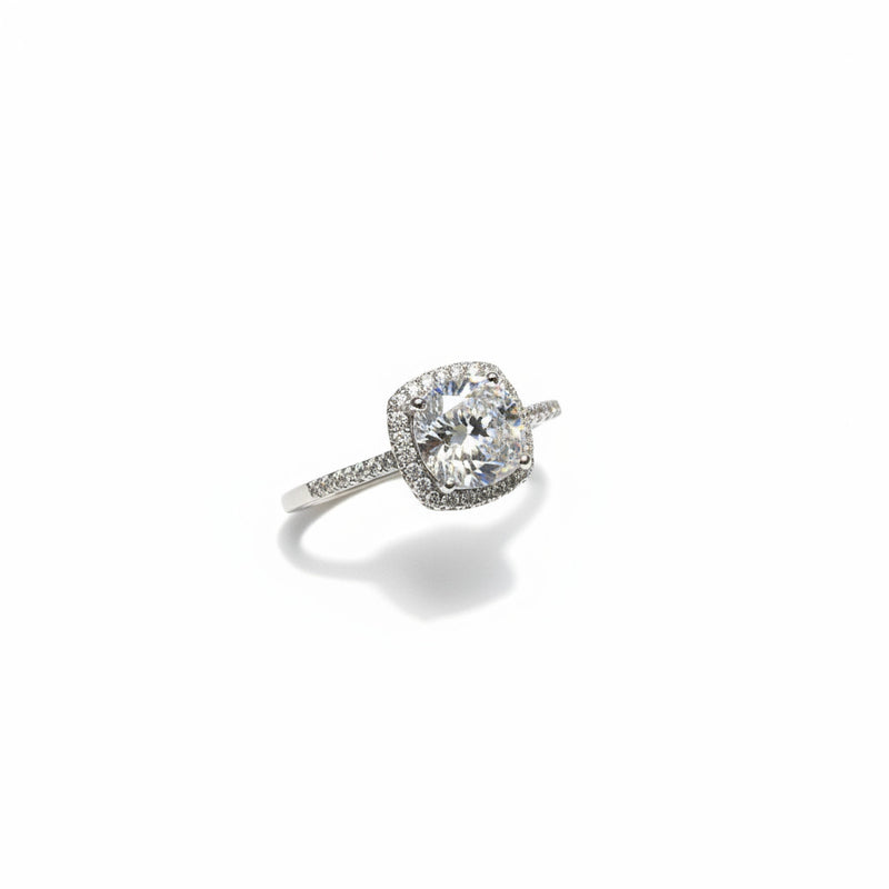Silver 925 sterling ring with round solitaire stone and halo, side view