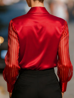 Red back view collared satin shirt with sheer striped sleeves