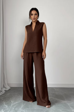 Brown sleeveless V-neck top and wide-leg pants set, matching separates