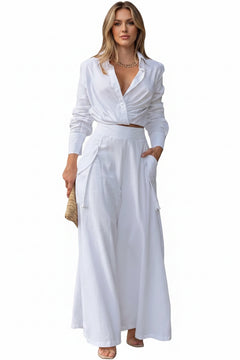 Long sleeve shirt and wide leg pants set in white, button-front shirt and flowy wide-leg pants