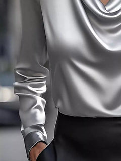 Silver gray satin long-sleeve blouse with smooth drape and pointed collar edge