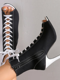 Black lace-up peep toe ankle boots with white laces, stiletto heel, side zipper