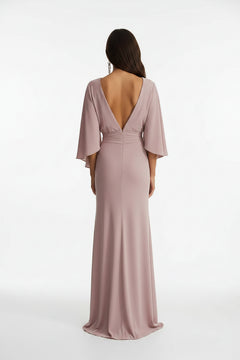 Mauve ruched batwing-sleeve maxi dress with low open back