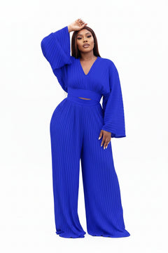 Royal blue pleated crop top and wide-leg pants set, long sleeves