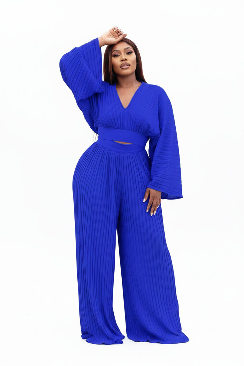 Royal blue pleated crop top and wide-leg pants set, long sleeves