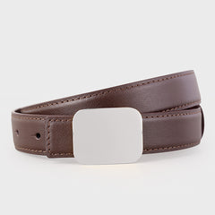 Dark brown leather belt with square buckle and stitched edges