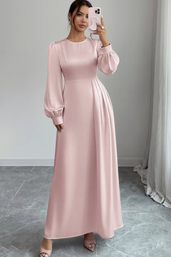 Blush pink satin maxi dress with gathered waist and long sleeve balloon cuffs