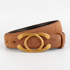 Caramel suede belt with gold buckle featuring interlocking ring design
