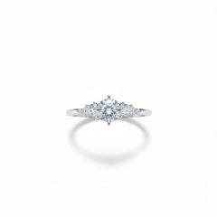 Sterling silver moissanite ring side profile, round center stone with two flanking stones