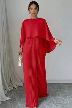 Red pleated maxi dress with cape sleeves and pleated long skirt