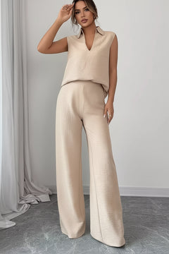 Beige sleeveless V-neck top and wide-leg pants set, textured fabric wide legs