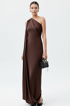 One-shoulder draped maxi dress, dark brown with cowl neckline and side drape