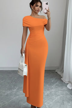 Orange one-shoulder ruched maxi dress with folded neckline and fitted waist panel.