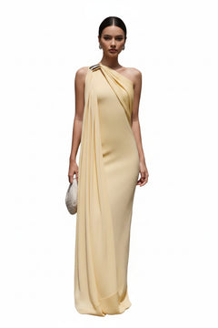 One-shoulder draped maxi dress in pale yellow with diagonal strap and flowing cowl