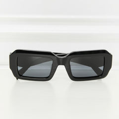 Black rectangular sunglasses with tinted dark lenses and thick full rim frame