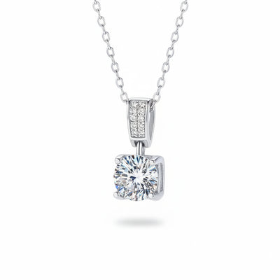 Sterling silver moissanite pendant necklace with cushion-cut center stone and pavé bail