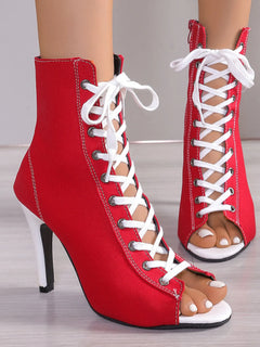 Red lace-up peep toe ankle boots with white laces and stiletto heel