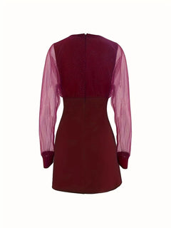 Wine red mini dress back view with glitter mesh long sleeves