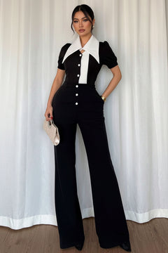 Black contrast button-front wide-leg jumpsuit with white collar and panel