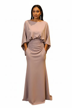 Blush pink batwing-sleeve ruched maxi dress with draped neckline