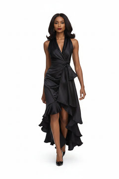 Black satin maxi dress with surplice V-neck and cascading ruffled high-low hem