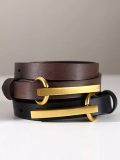 Two-tone leather belt in black and brown with gold buckle and keeper