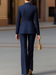 Blue striped double-breasted blazer and wide-leg pants set, long sleeves