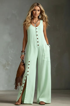 Light green sleeveless button-front wide-leg jumpsuit with patch pockets