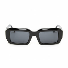 Black rectangular sunglasses with dark tinted lenses, full rim frame, and nose bridge
