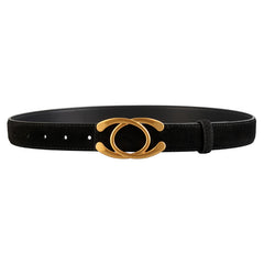 Black suede belt with gold buckle and visible adjustment holes