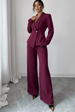 Burgundy one-button blazer and flared pants set with long sleeves and V-neck