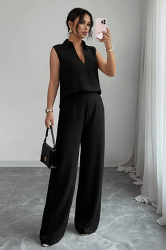 Black sleeveless V-neck top and wide-leg pants set, relaxed drape