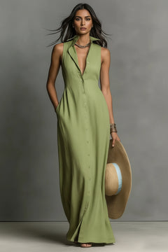 Sage sleeveless button-down maxi dress with V-neck and front buttons