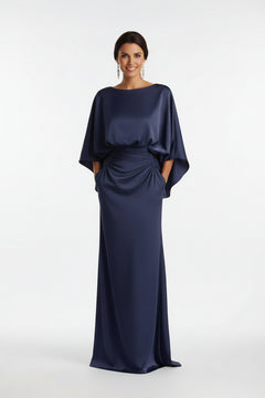 Navy batwing sleeve ruched maxi dress with draped bodice and long skirt