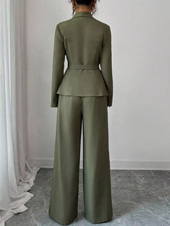 Olive green one-button blazer and wide-leg pants set, back view