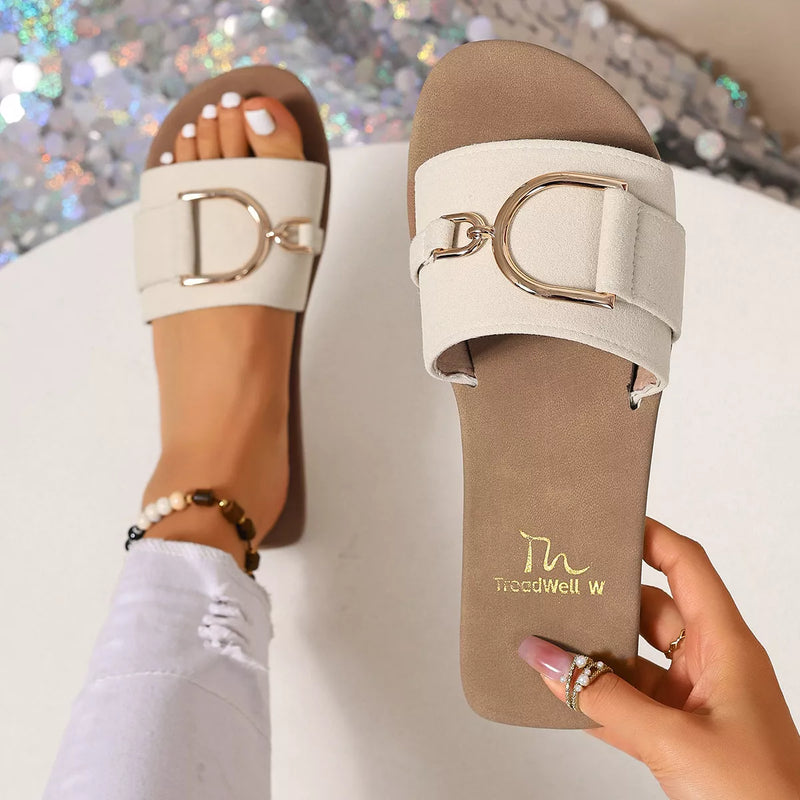 Ivory open-toe flats with D-ring buckle strap sandals